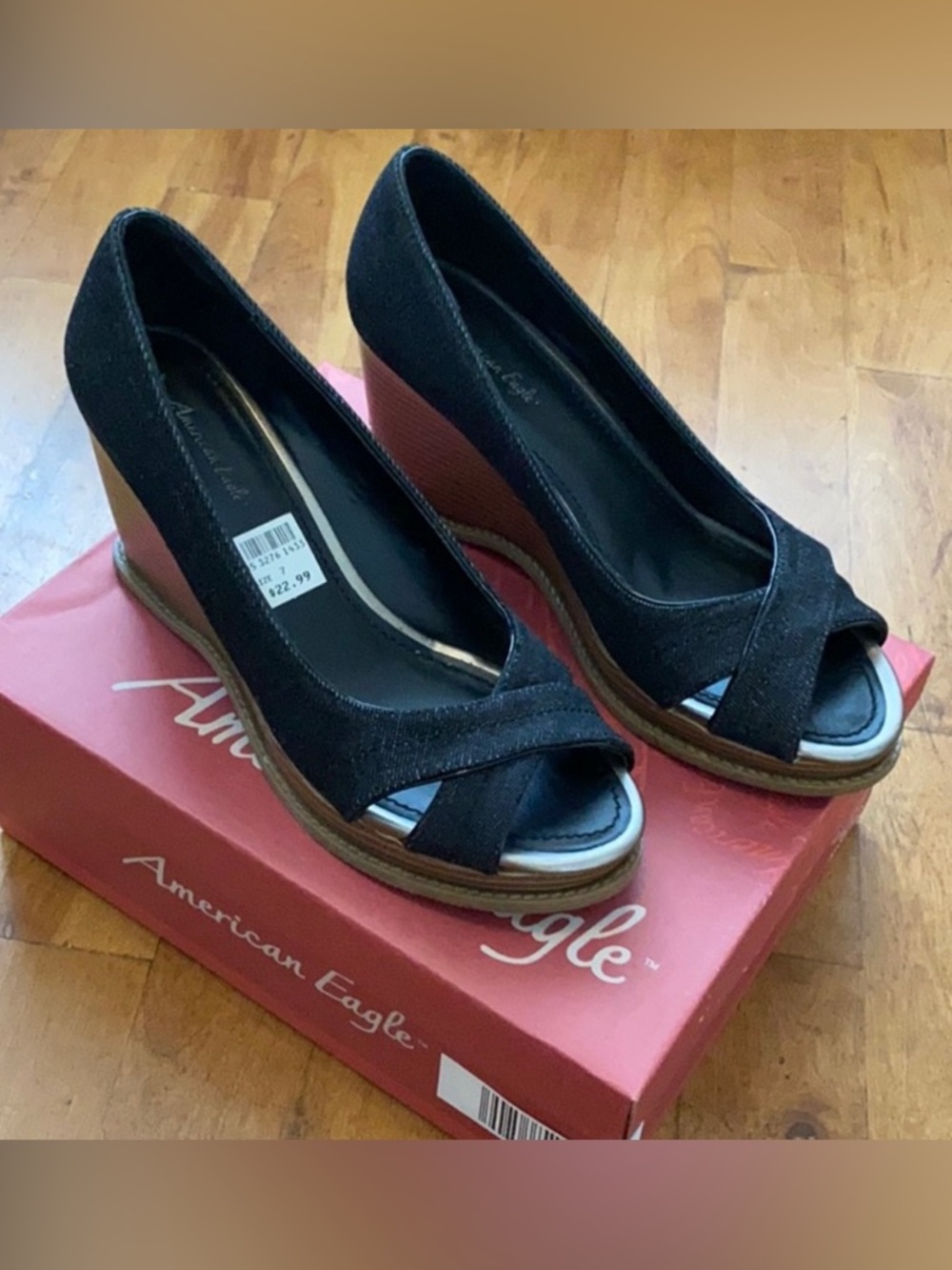 American Eagle Outfitters Black and Brown Open-Toe Wedge Pumps